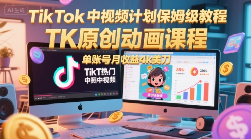 TikTok中视频计划保姆级教程，TK原创动画课程，单账号月收益4k美刀-一号资源库