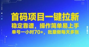 首码项目一键拉新,稳定靠谱,操作简单易上手,单号一小时70+,批量做每天多张【揭秘】-一号资源库