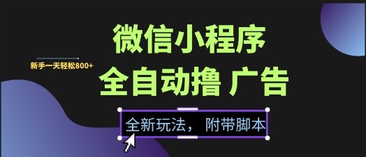 微信小程序全自动撸广告项目，彻底解决没流量的问题，新手一天8张+【揭秘】-一号资源库