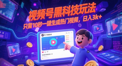 视频号黑科技玩法，只需10秒一键生成热门视频，日入3k+【揭秘】-一号资源库