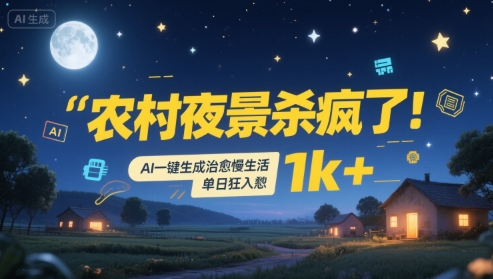 农村夜景杀疯了！AI一键生成治愈系慢生活，单日狂入1k+-一号资源库
