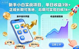 新手小白实战项目，单日收益3张+，正规长期可落地，后期可实现日收1k+【揭秘】-一号资源库