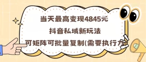 当天最高变现1k+，抖音私域新玩法，可矩阵可批量复制-一号资源库