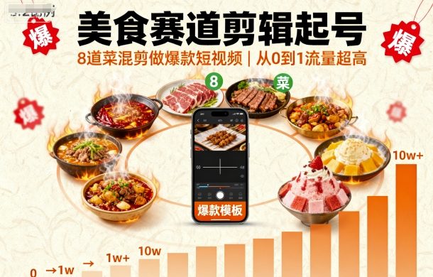 美食赛道剪辑起号，8道菜混剪做爆款短视频，从0到1，流量超高-一号资源库
