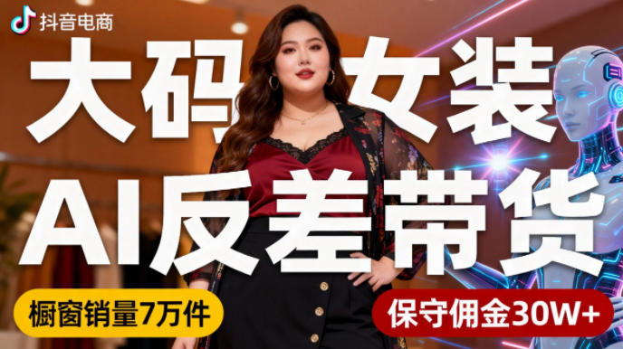 抖音小众赛道，大码女装AI反差带货，不用直播，每天6条作品，橱窗卖7万件，保守佣金30W+-一号资源库
