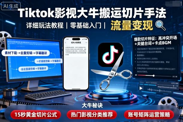 Tiktok影视大牛搬运切片手法，详细玩法教程-一号资源库
