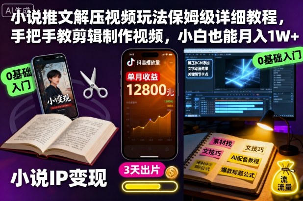 小说推文解压视频玩法保姆级详细教程，手把手教剪辑制作视频，小白也能月入1W+-一号资源库