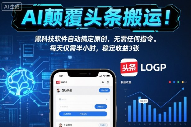 AI颠覆头条搬运！黑科技软件自动搞定原创，无需任何指令。每天仅需半小时，稳定收益3张【揭秘】-一号资源库