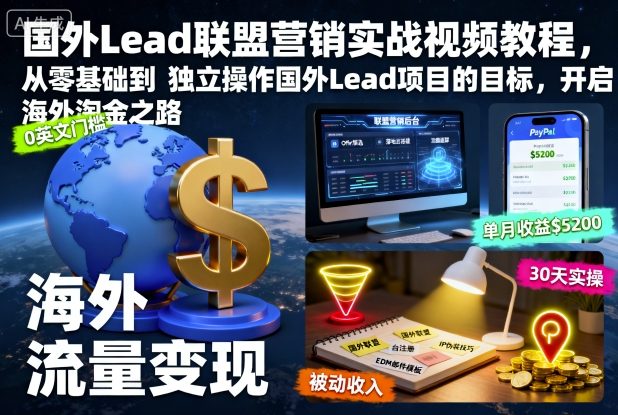 国外Lead联盟营销实战视频教程，从零基础到独立操作国外Lead项目的目标，开启海外淘金之路-一号资源库