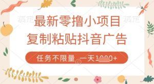 最新零撸小项目，复制粘贴抖音广告即可挣钱，平台大水，任务不限量，一天数张【揭秘】-一号资源库
