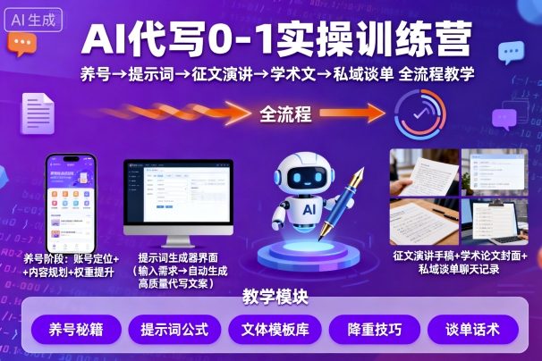 AI代写0-1实操训练营，从养号、提示词、征文演讲、学术文，到私域谈单的全流程教学-一号资源库
