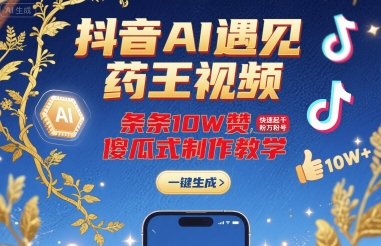 抖音AI遇见药王视频，条条10W赞，快速起千粉万粉号，傻瓜式制作教学-一号资源库