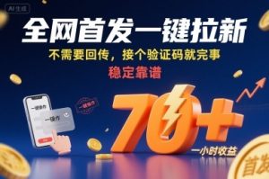 全网首发一键拉新项目，不需要回传，接个验证码就完事，稳定靠谱，一小时收益70+【揭秘】-一号资源库