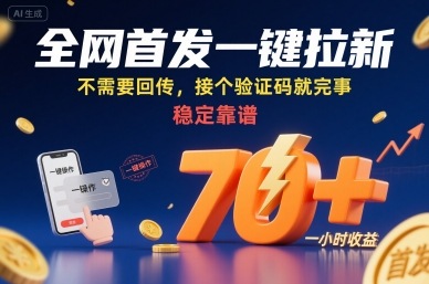 全网首发一键拉新项目，不需要回传，接个验证码就完事，稳定靠谱，一小时收益70+【揭秘】-一号资源库