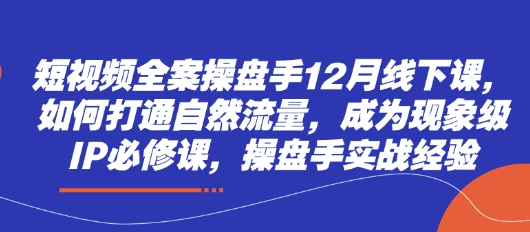 短视频全案操盘手12月线下课，如何打通自然流量，成为现象级IP必修课，操盘手实战经验-一号资源库
