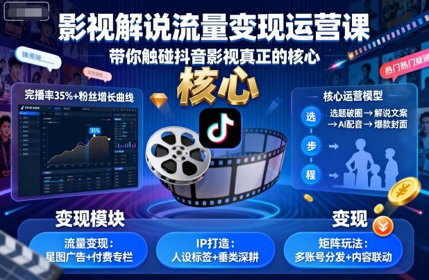 影视解说流量变现运营课，带你触碰抖音影视真正的核心-一号资源库