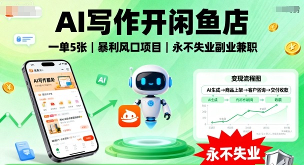 AI写作开闲鱼店，一单5张，暴利风口项目，永不失业副业兼职【全网首发】-一号资源库