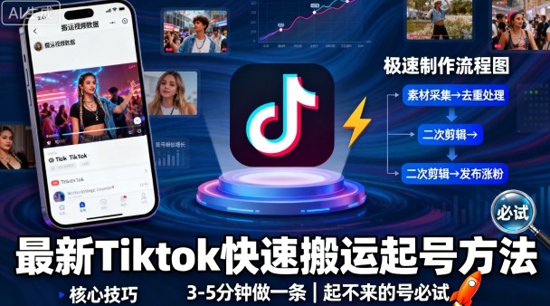 最新Tiktok快速搬运快速起号方法，3-5分钟做一条，起不来的号可以试试-一号资源库