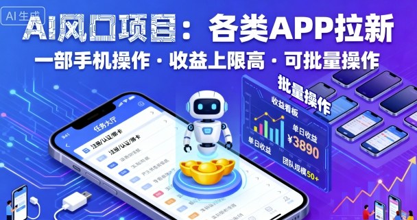 AI风口项目，各类APP拉新，一部手机就可以操作，收益上限高，可批量操作-一号资源库