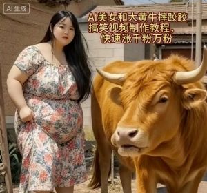 AI美女和大黄牛摔跤搞笑荒诞视频制作教程，快速涨千粉万粉-一号资源库