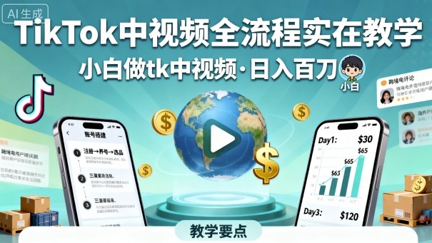 TikTok中视频全流程实操教学，小白做tk中视频，日入百刀-一号资源库