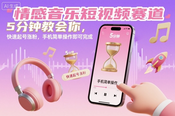 情感音乐短视频赛道，5分钟教会你，快速起号涨粉，手机简单操作即可完成-一号资源库