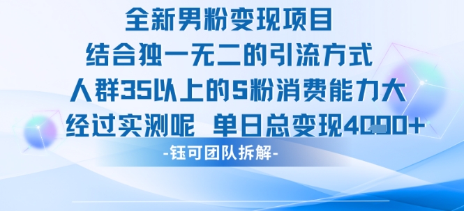 全新男粉变现项目引流人群35以上的男粉消费能力大 经过实测单日变现1k+-一号资源库