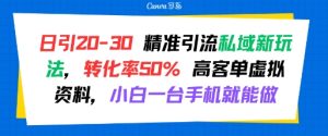 日引 20-30 精准引流私域新玩法，转化率50% 高客单虚拟资料，小白一台手机就能做-一号资源库