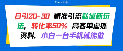 日引 20-30 精准引流私域新玩法，转化率50% 高客单虚拟资料，小白一台手机就能做-一号资源库