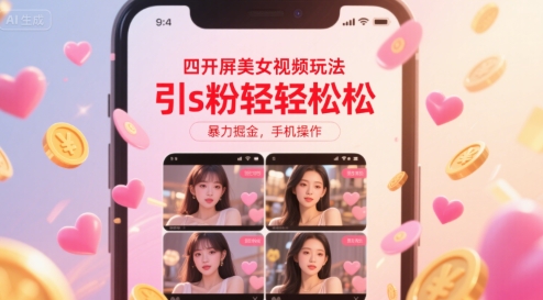 四开屏美女视频玩法，引s粉轻轻松松，暴力掘金，手机操作【揭秘】-一号资源库