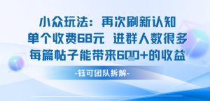 小众玩法再次刷新认知单个收费68米进群人数很多每篇帖子能带来6张的收益-一号资源库