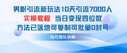 男粉引流新玩法10天引流7000人当日变现四位数可复制可批量0封号-一号资源库