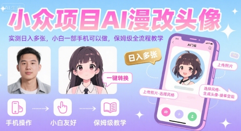 小众项目AI漫改头像，实测日入多张，小白一部手机可以做，保姆级全流程教学-一号资源库