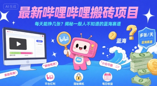 最新哔哩哔哩上B站搬砖项目，每天能挣几张？揭秘一般人不知道的蓝海赛道-一号资源库