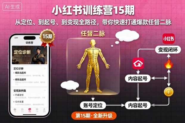 小红书训练营15期，从定位、到起号、到变现全路径，带你快速打通爆款任督二脉-一号资源库