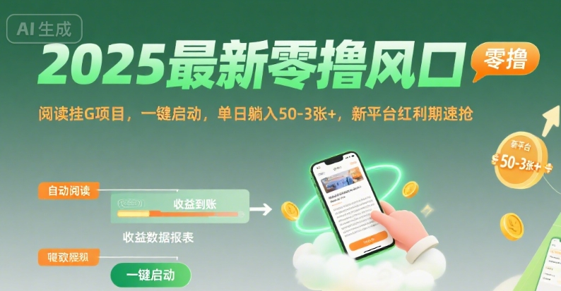 2025最新零撸风口，阅读挂G项目，一键启动，单日躺入 50-3张+，新平台红利期速抢【揭秘】-一号资源库