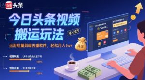 今日头条视频搬运玩法，运用批量剪辑去重软件，轻松月入1w+-一号资源库