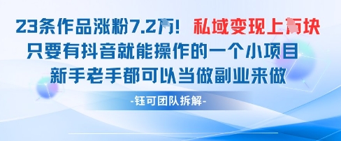 抖音私域项目23条作品涨粉7.2W，私域变现1W-一号资源库