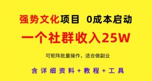 强势文化项目，一个社群收入25个W，0成本启动，可矩阵批量操作，原创详细实操教程-一号资源库