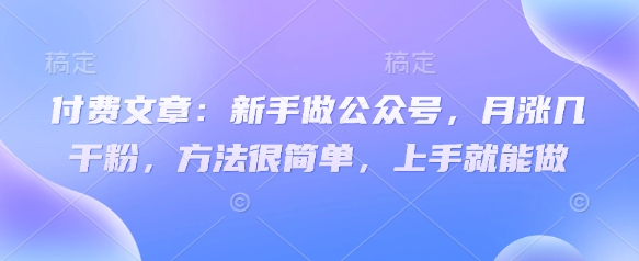 付费文章：新手做公众号，月涨几干粉，方法很简单，上手就能做-一号资源库