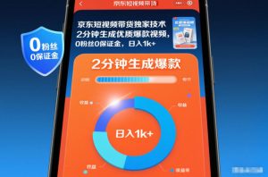 京东短视频带货独家技术，2分钟生成一条优质爆款视频，0粉丝0保证金，日入1k+【揭秘】-一号资源库