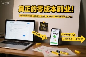 真正的零成本副业！问卷调查暴利项目，无脑操作，纯0撸，收益稳定，每天轻松日入100+【揭秘】-一号资源库