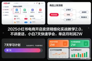 2025小红书电商开店卖货精细化实战教学2.0，不讲废话，小白7天快速学会，单店月利润2W-一号资源库