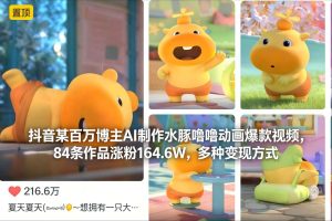 抖音某百万博主AI制作水豚噜噜动画爆款视频，84条作品涨粉164.6W，多种变现方式-一号资源库