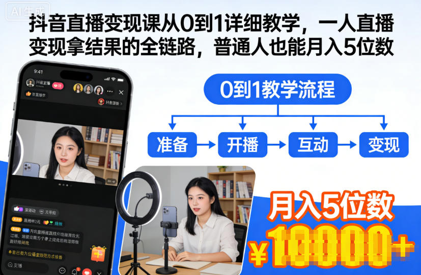 抖音直播变现课从0到1详细教学，一人直播变现拿结果的全链路，普通人也能月入5位数-一号资源库