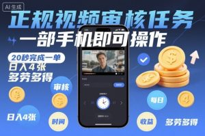 正规视频审核任务,一部手机即可操作,20秒完成一单,日入4张,多劳多得【揭秘】-一号资源库