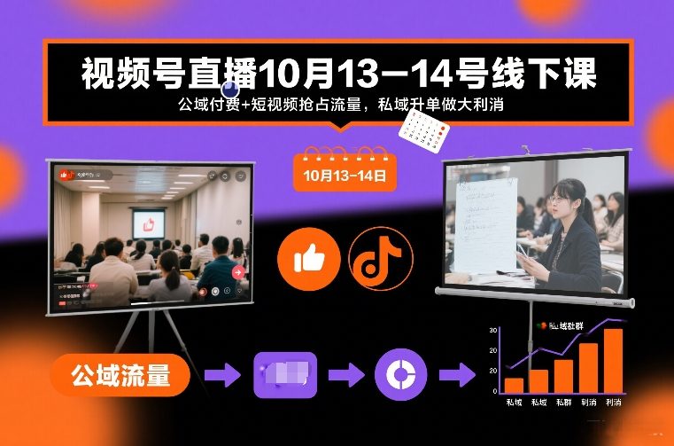 视频号直播10月13-14号线下课，公域付费+短视频抢占流量，私域升单做大利消-一号资源库
