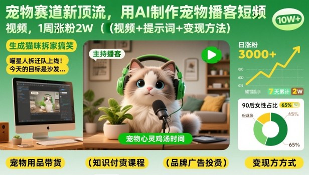 宠物赛道新顶流，用AI制作宠物播客短视频，1周涨粉2W（视频+提示词+变现方法）-一号资源库