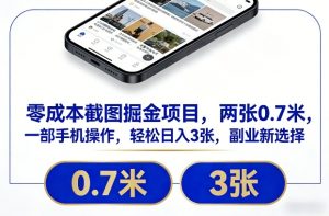 零成本截图掘金项目，两张0.7米，一部手机操作，轻松日入3张，副业新选择【揭秘】-一号资源库